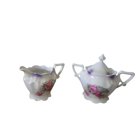 Vintage Cream and Sugar Set Marked Germany Victorian Rose Porcelain Antique